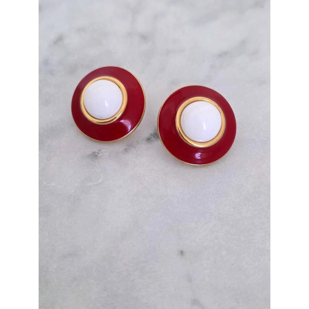 Monet Red Enamel Earrings with White Cabochon Center